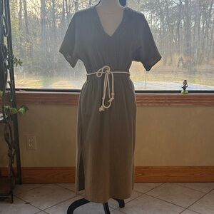 Very J Olive Green Textured Midi Dress with Rope Belt